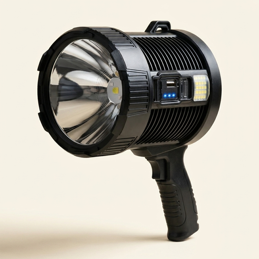 Rechargeable LED Spotlight – Super Bright Handheld Searchlight with Solar Charging & Side Floodlight for Boating, Hunting & Camping