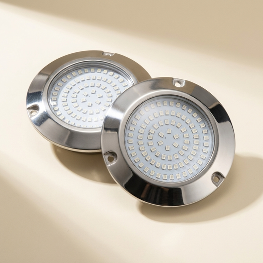 Round Stainless Steel Underwater LED Boat Light Pair – Marine Transom Light for Yachts & Pontoons