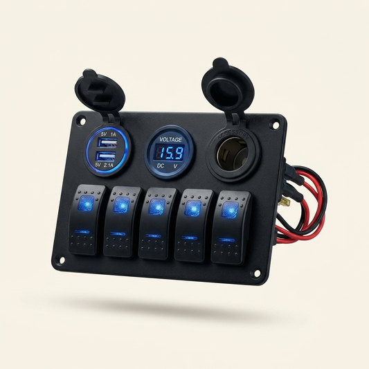 Marine 5-Gang Rocker Switch Panel with Dual USB, Voltmeter & Cigarette Lighter – Waterproof 12V/24V Control Panel for Boats, RVs & Trucks